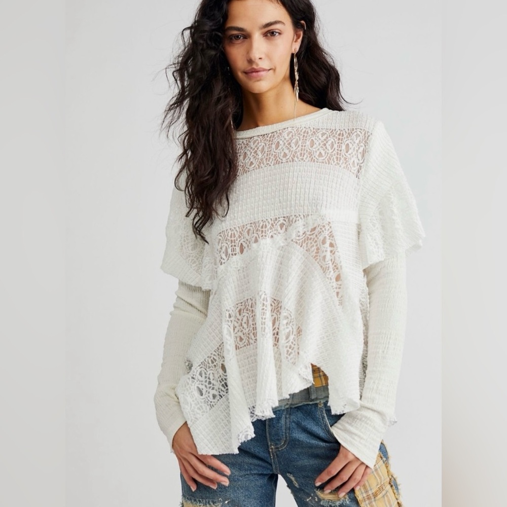 Free People Snowfall Lace Patchwork Ruffles Tunic Top Size M